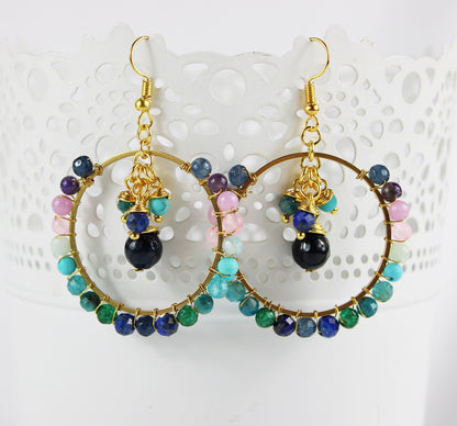 Rainbow Gemstone Boho Hoop Earrings | Gold-Plated | Multi-Color Gradient | Handcrafted Dangle Jewelry