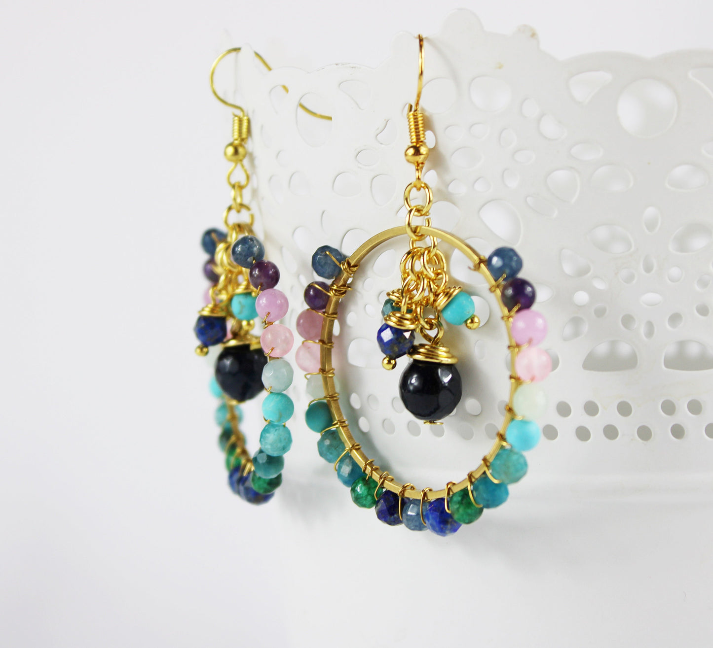 Rainbow Gemstone Boho Hoop Earrings | Gold-Plated | Multi-Color Gradient | Handcrafted Dangle Jewelry