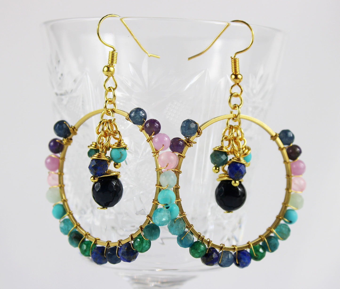 Rainbow Gemstone Boho Hoop Earrings | Gold-Plated | Multi-Color Gradient | Handcrafted Dangle Jewelry