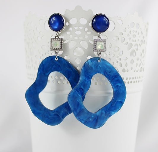 Shimmering Blue Statement Earrings | Boho Ibiza Style | Silver Dangle | Resin & Crystal