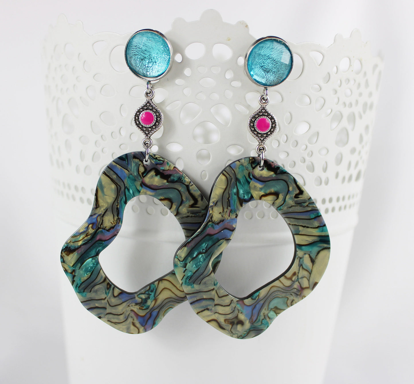 Boho Statement Earrings | Tortoiseshell Resin | Turquoise Pink Silver | Ibiza Style Dangle Earrings