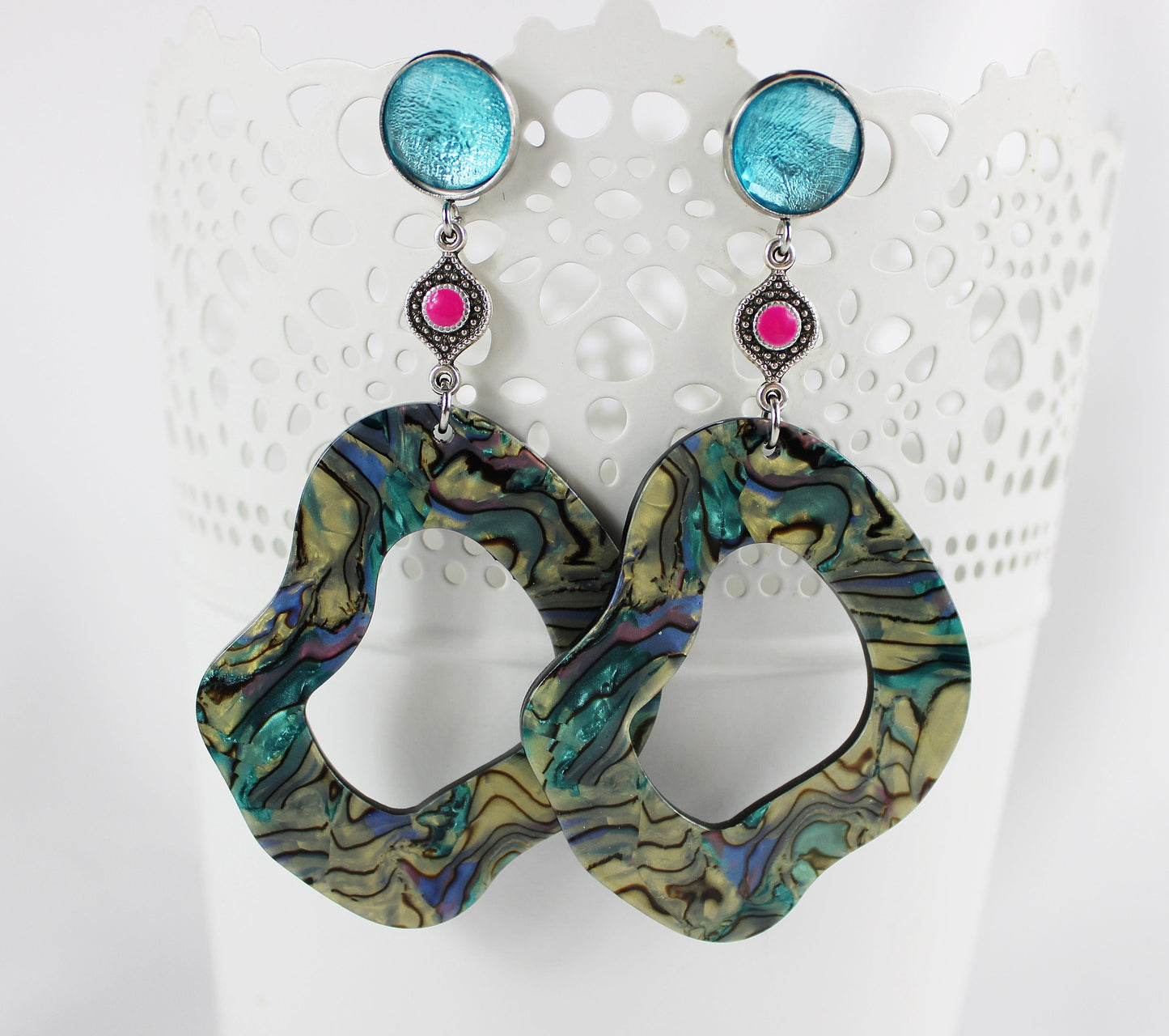 Boho Statement Earrings | Tortoiseshell Resin | Turquoise Pink Silver | Ibiza Style Dangle Earrings