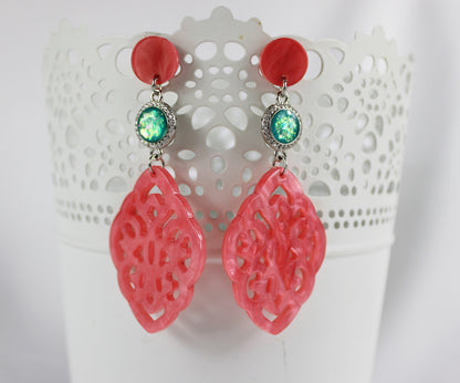 Flamingo Pink Boho Statement Earrings | Resin & Crystal Dangle Earrings | Ibiza Style Jewelry