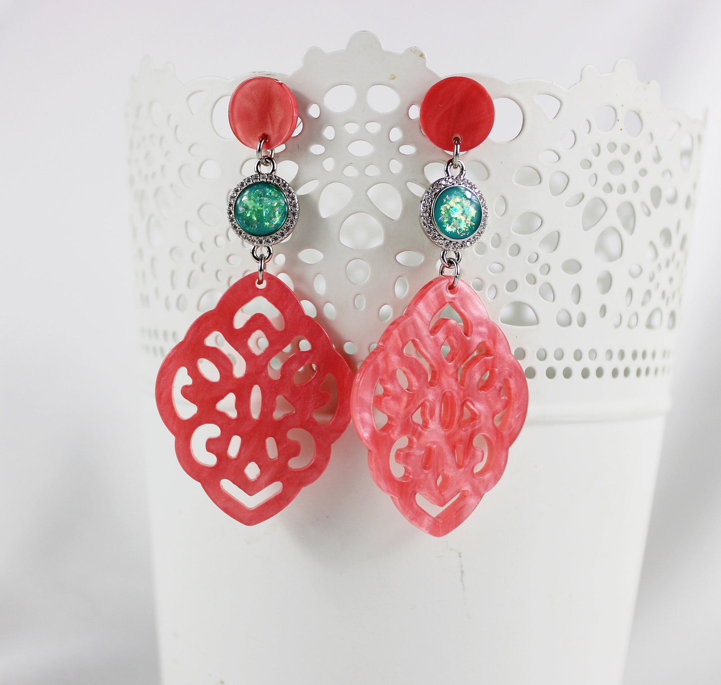 Flamingo Pink Boho Statement Earrings | Resin & Crystal Dangle Earrings | Ibiza Style Jewelry