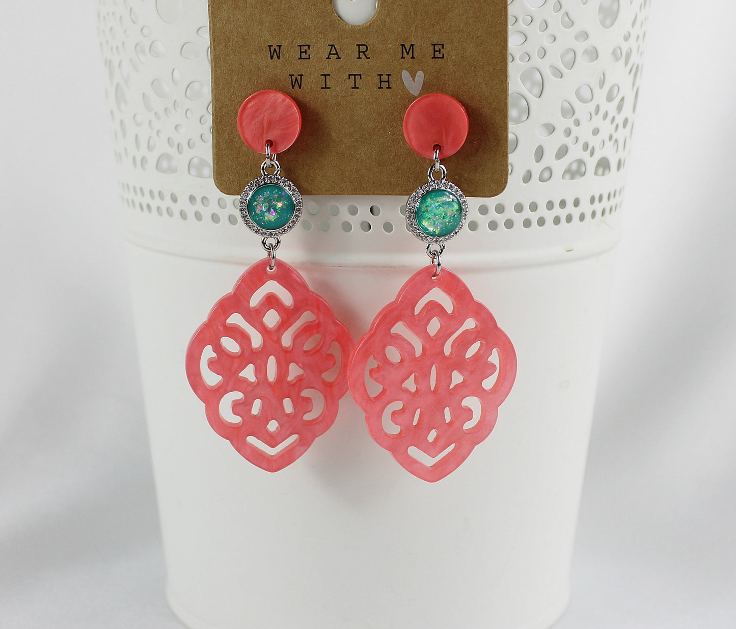 Flamingo Pink Boho Statement Earrings | Resin & Crystal Dangle Earrings | Ibiza Style Jewelry