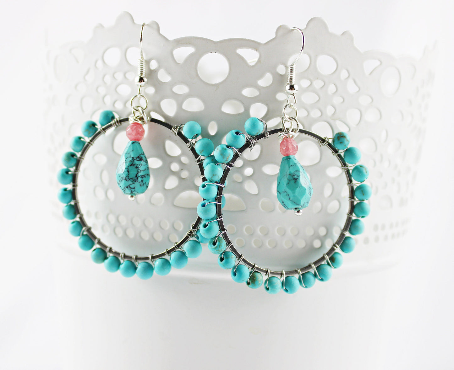 Boho Silver Turquoise Earrings | LILITH Gemstone Dangle Hoops | Handcrafted Bohemian Jewelry