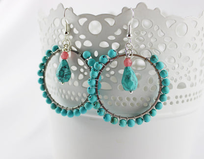 Boho Silver Turquoise Earrings | LILITH Gemstone Dangle Hoops | Handcrafted Bohemian Jewelry