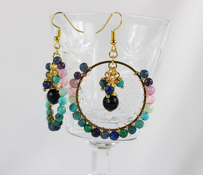 Rainbow Gemstone Boho Hoop Earrings | Gold-Plated | Multi-Color Gradient | Handcrafted Dangle Jewelry