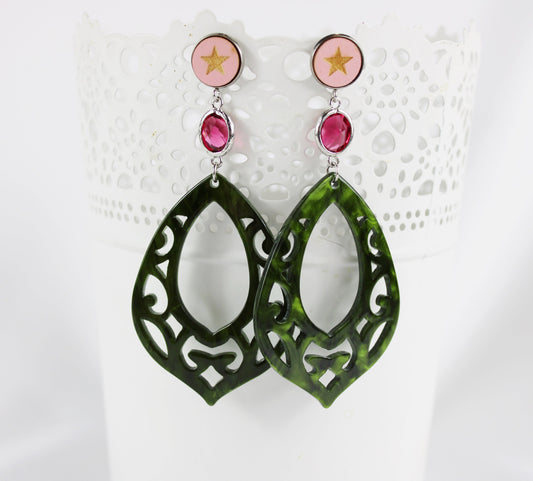 Boho Star Earrings | Green & Pink Resin Drops | Silver-Plated Ibiza Style Jewelry