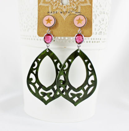 Boho Star Earrings | Green & Pink Resin Drops | Silver-Plated Ibiza Style Jewelry