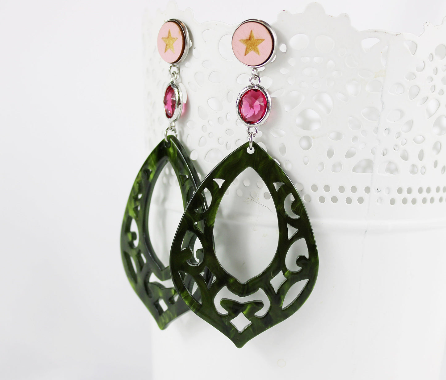 Boho Star Earrings | Green & Pink Resin Drops | Silver-Plated Ibiza Style Jewelry