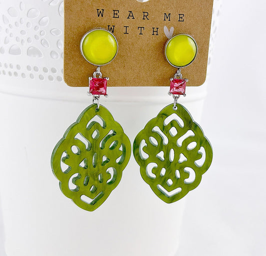 Boho Silver Dangle Earrings | Green Pink Geometric Design | Ibiza Style Jewelry