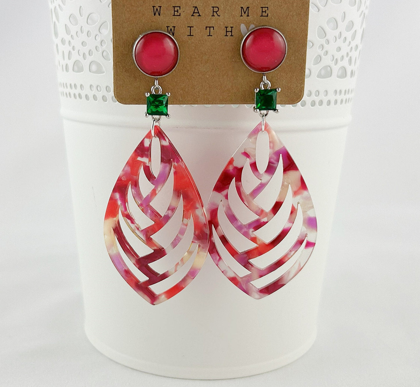 Boho Statement Earrings - Pink & Green Horn-Look Cabochon Dangles | Ibiza Style Jewelry