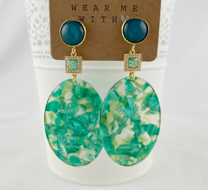 Emerald Green Boho Dangle Earrings | Gold-Plated Resin Jewelry | Handcrafted Ibiza Style