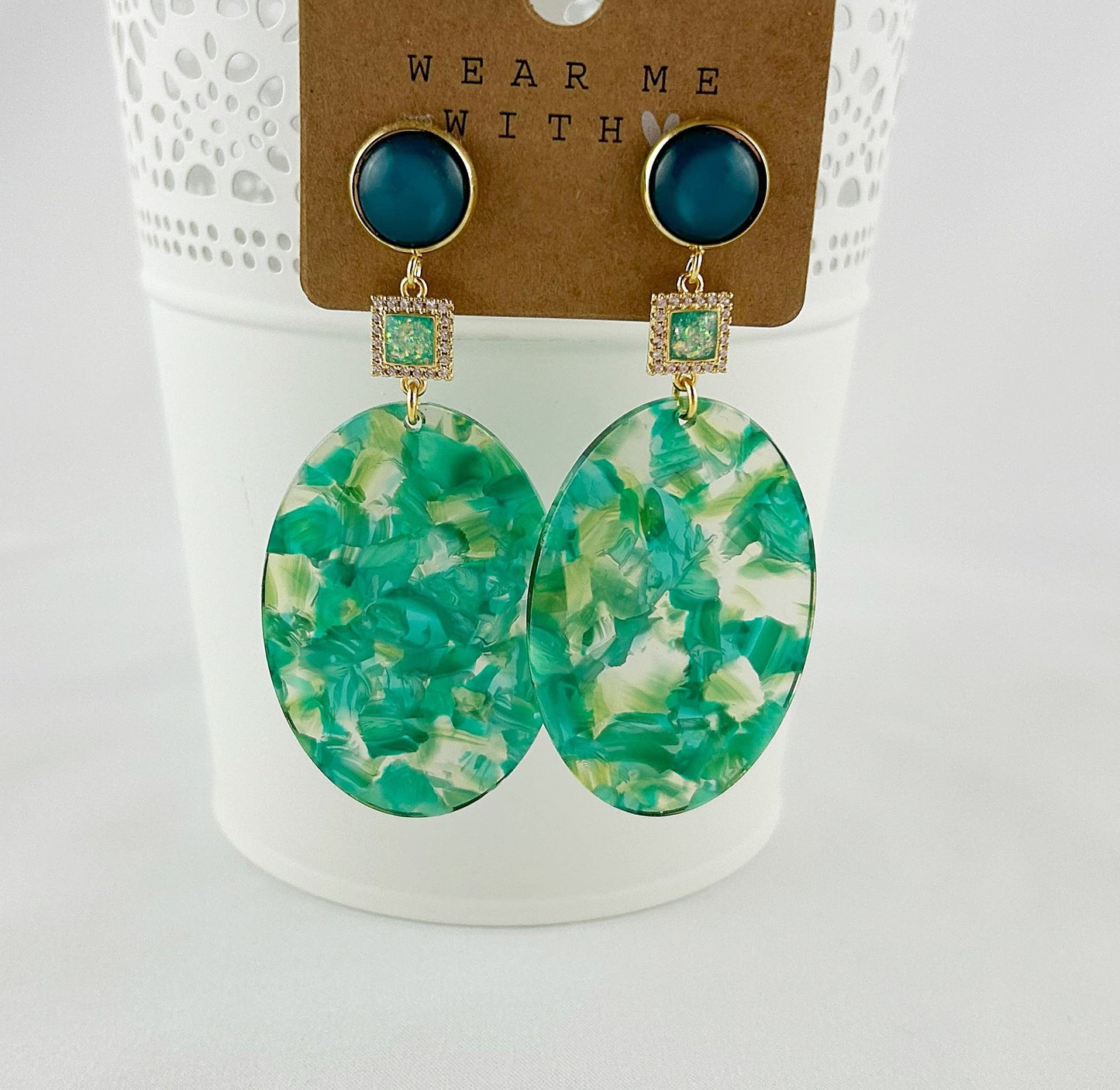 Emerald Green Boho Dangle Earrings | Gold-Plated Resin Jewelry | Handcrafted Ibiza Style