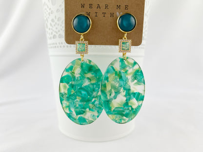 Emerald Green Boho Dangle Earrings | Gold-Plated Resin Jewelry | Handcrafted Ibiza Style