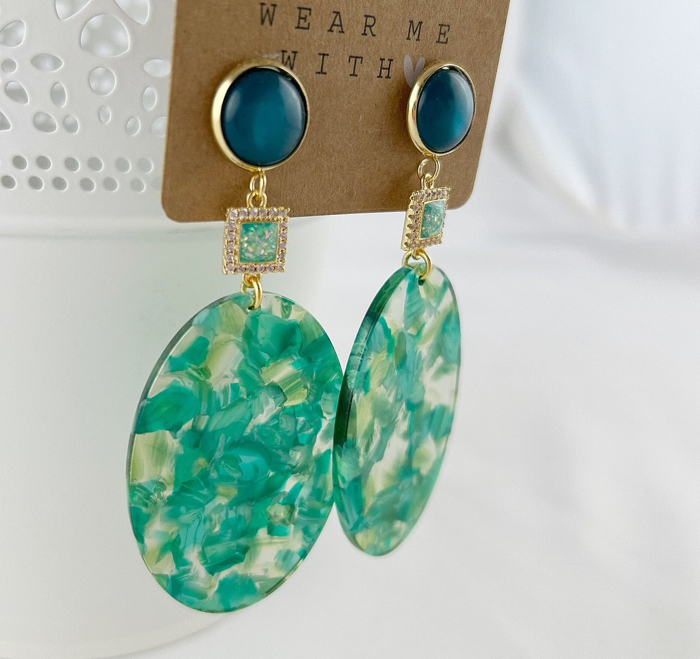 Emerald Green Boho Dangle Earrings | Gold-Plated Resin Jewelry | Handcrafted Ibiza Style