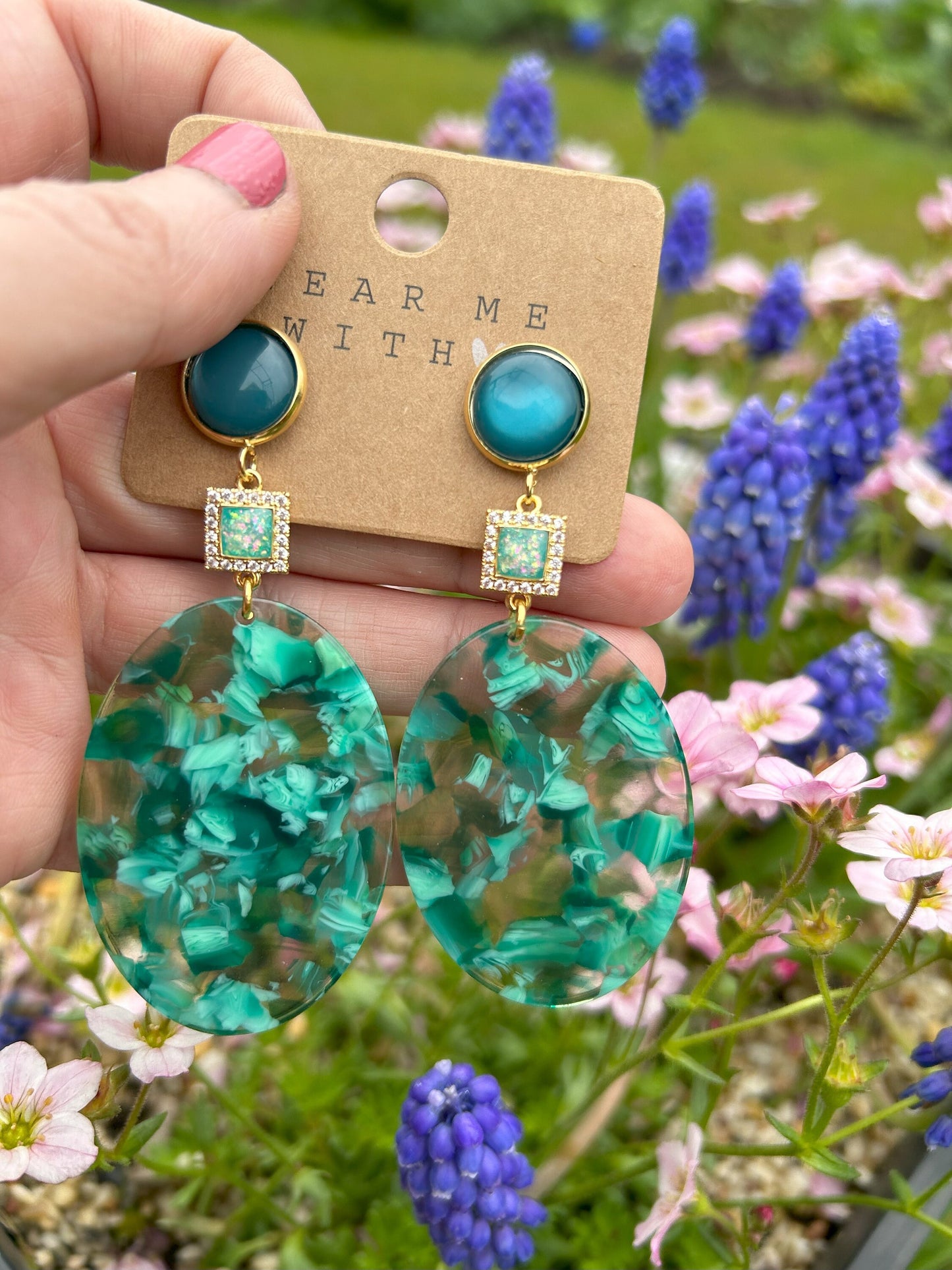 Emerald Green Boho Dangle Earrings | Gold-Plated Resin Jewelry | Handcrafted Ibiza Style