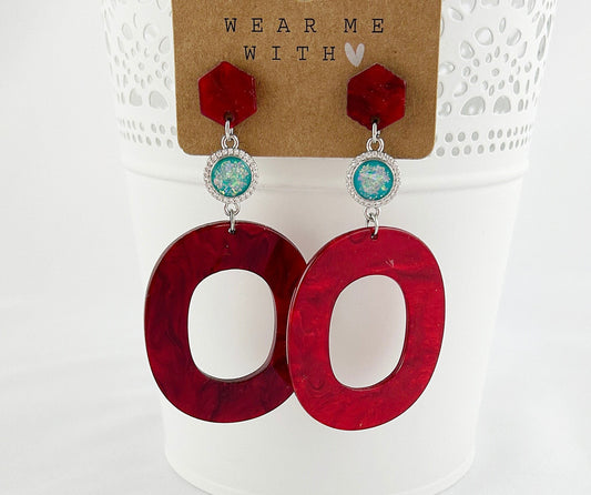 Boho Statement Earrings | Cherry Red & Turquoise | Resin & Crystal | Ibiza Style Jewelry