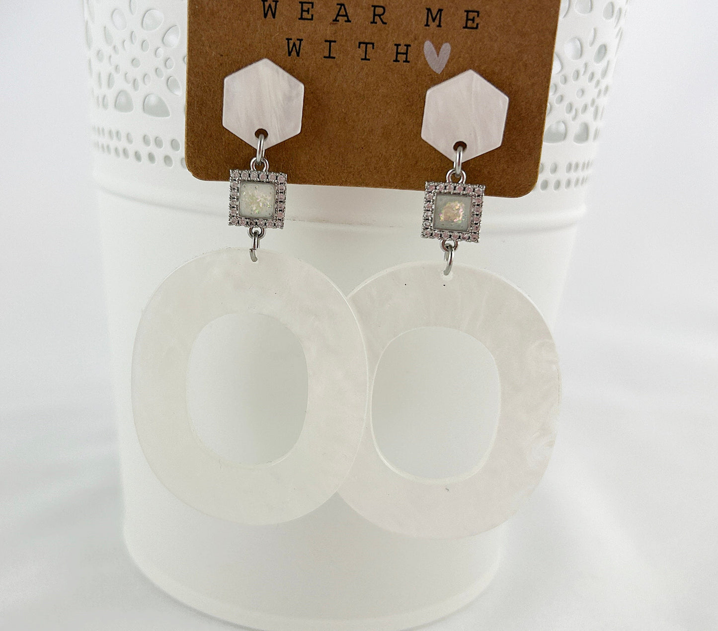 Boho White Silver Dangle Earrings | Bridal Jewelry | Wedding Accessories | Resin Statement Earrings