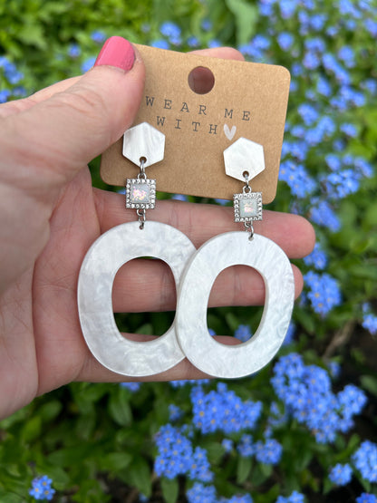 Boho White Silver Dangle Earrings | Bridal Jewelry | Wedding Accessories | Resin Statement Earrings