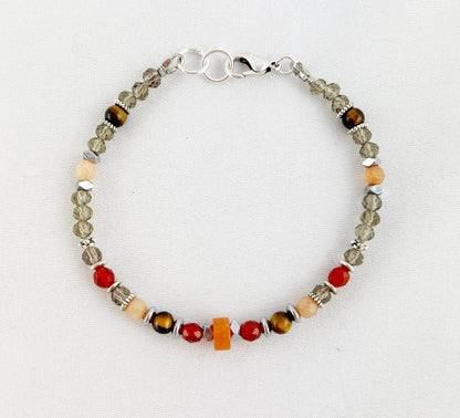 Delicate Silver Beaded Bracelet | Boho Style | Brown & Orange Gemstone Jewelry | Ibiza Inspired