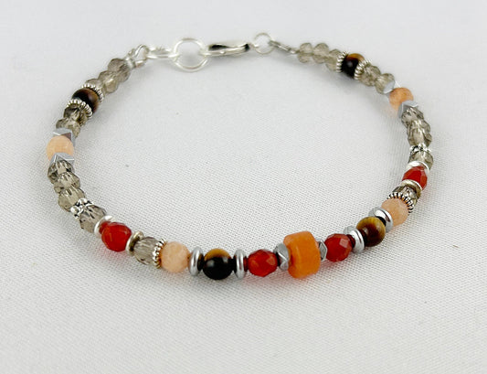 Delicate Silver Beaded Bracelet | Boho Style | Brown & Orange Gemstone Jewelry | Ibiza Inspired