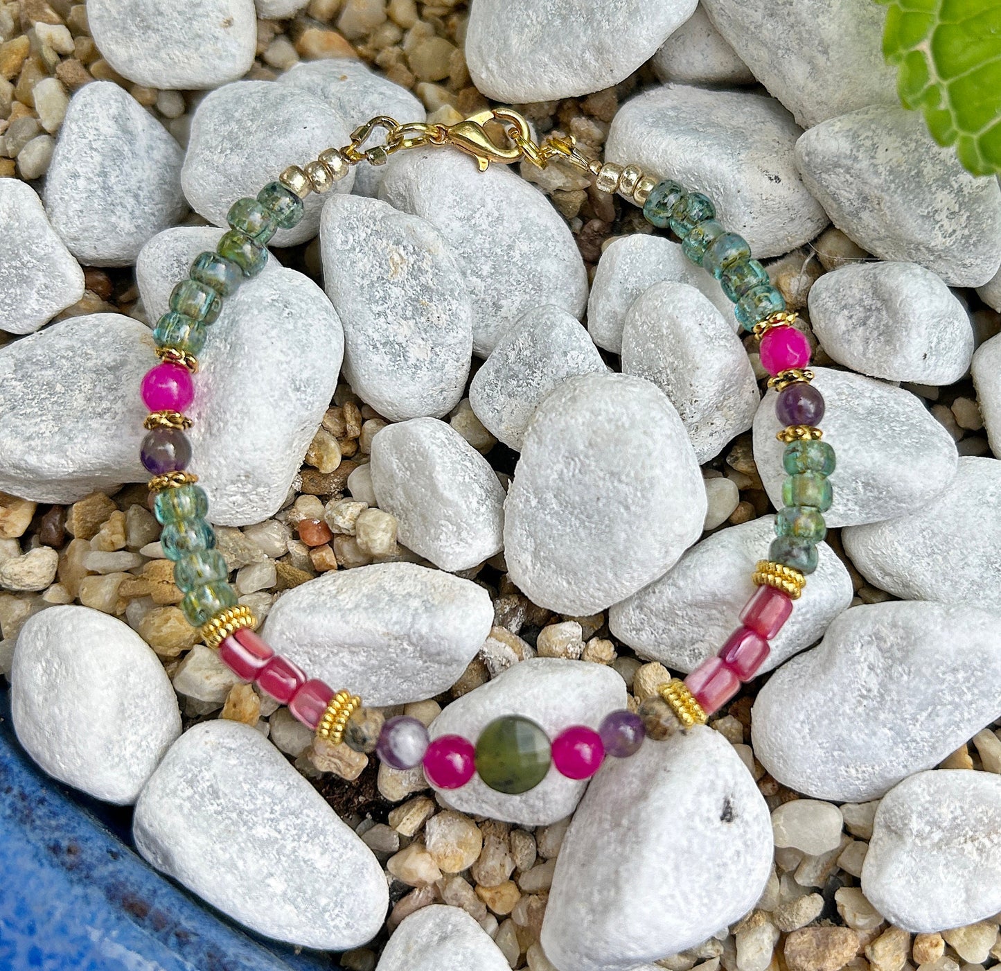 Delicate Boho Beaded Bracelet KARLA | Green Pink Gold Gemstones | Ibiza-Inspired Jewelry