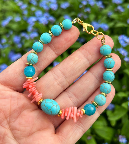 Coral Sea Turquoise Beaded Bracelet | Gold-Plated Boho Jewelry | Handmade Gemstone Accessory