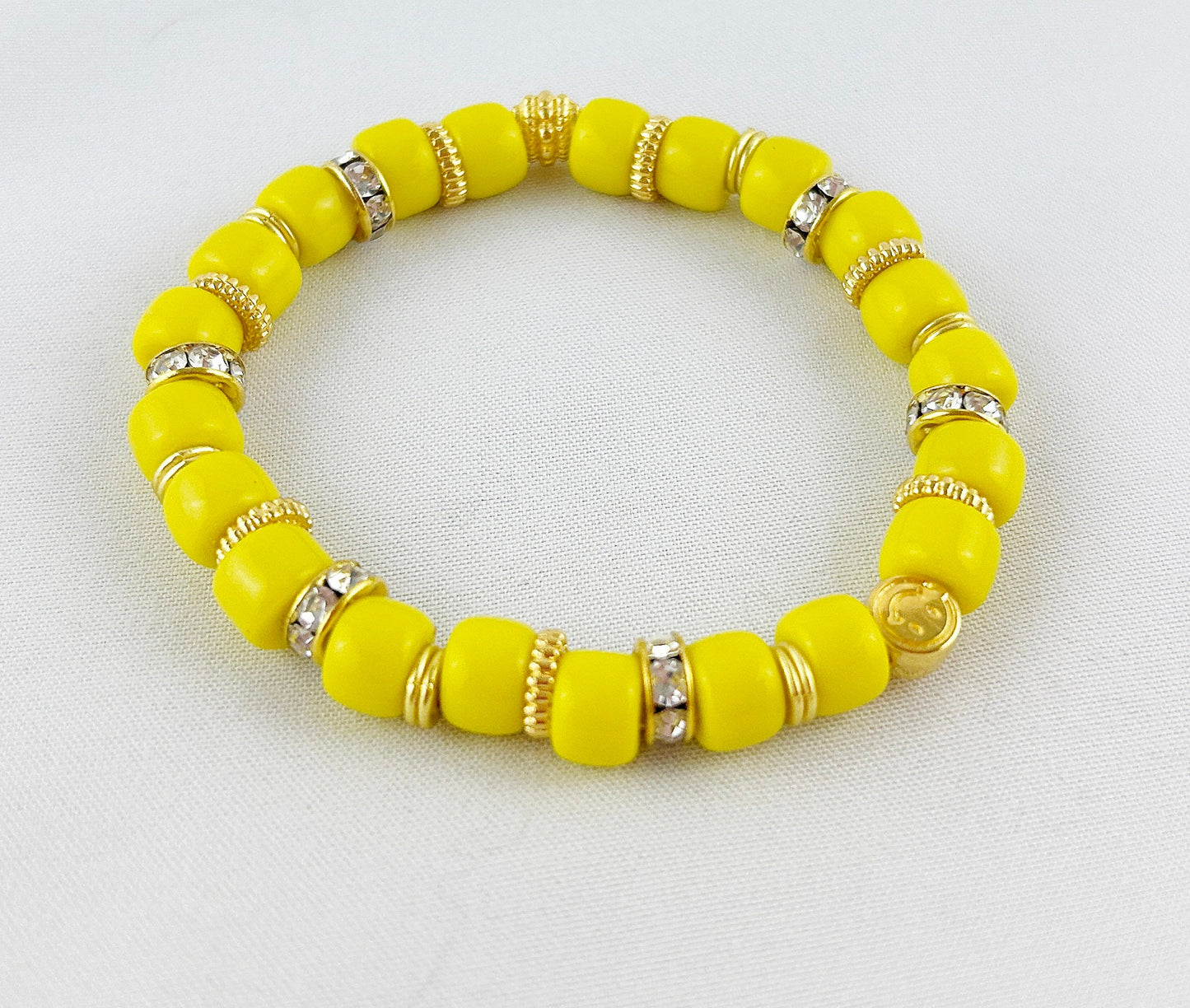 Sunny Yellow Smiley Beaded Bracelet | Boho Ibiza Style Gold-Plated Elastic Jewelry