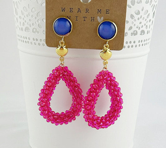 Boho Statement Earrings | Gold Blue Pink | Dangle & Drop | Ibiza Style Jewelry