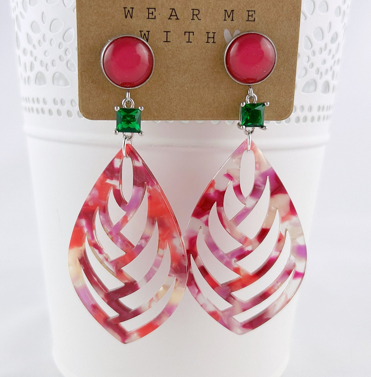 Boho Statement Earrings - Pink & Green Horn-Look Cabochon Dangles | Ibiza Style Jewelry