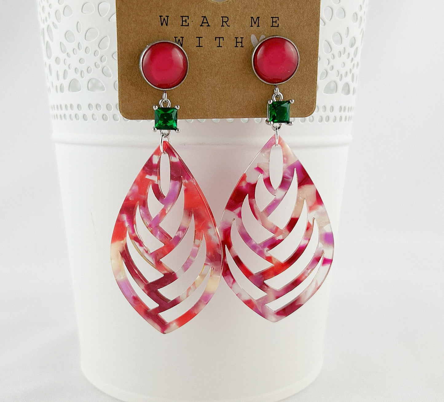 Boho Statement Earrings - Pink & Green Horn-Look Cabochon Dangles | Ibiza Style Jewelry