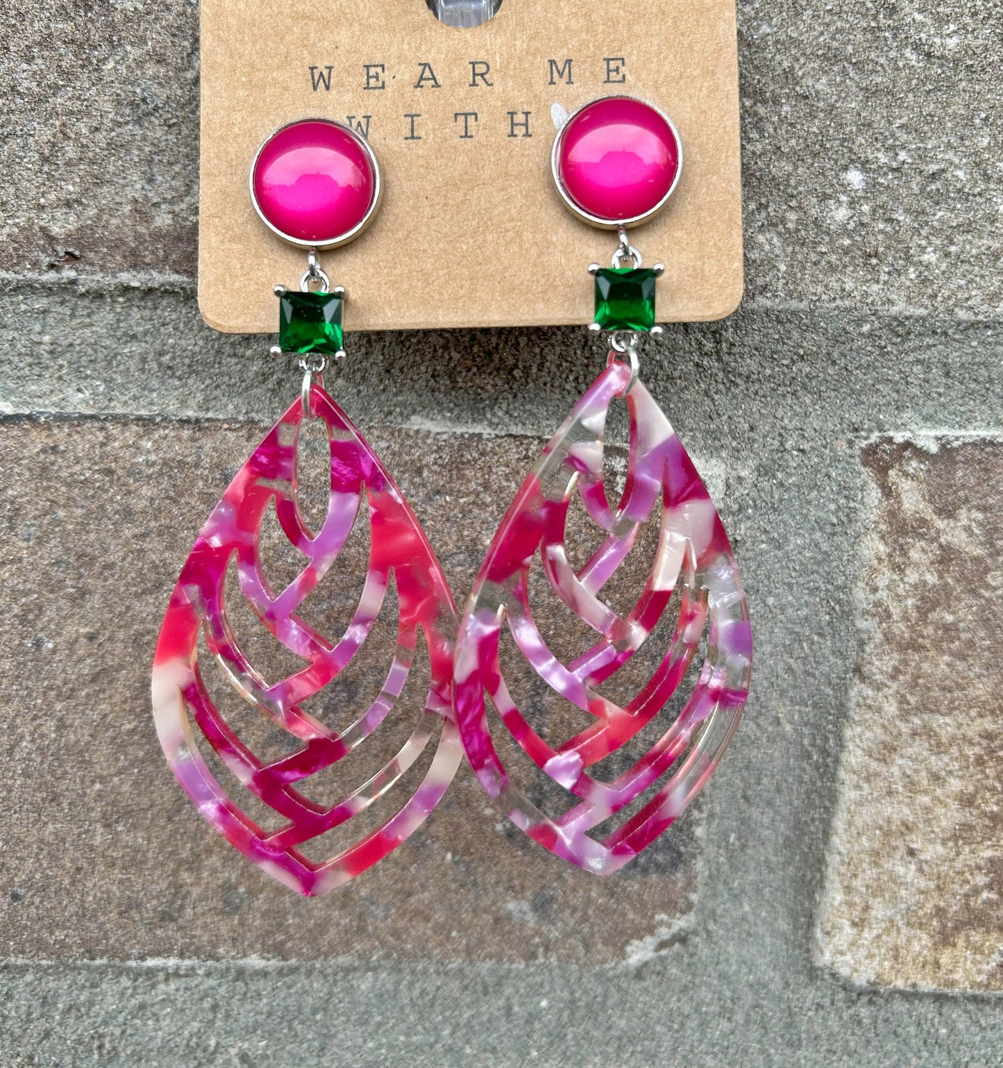 Boho Statement Earrings - Pink & Green Horn-Look Cabochon Dangles | Ibiza Style Jewelry