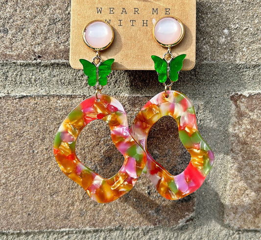 Butterfly Dangle Earrings | Boho Resin Jewelry | Colorful Asymmetrical Gold-Plated Studs