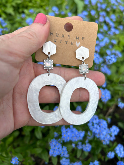 Boho White Silver Dangle Earrings | Bridal Jewelry | Wedding Accessories | Resin Statement Earrings