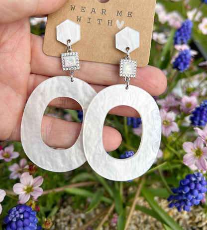 Boho White Silver Dangle Earrings | Bridal Jewelry | Wedding Accessories | Resin Statement Earrings