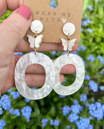 Boho White Butterfly Earrings | Gold Dangle Bridal Jewelry | Resin Wedding Earrings