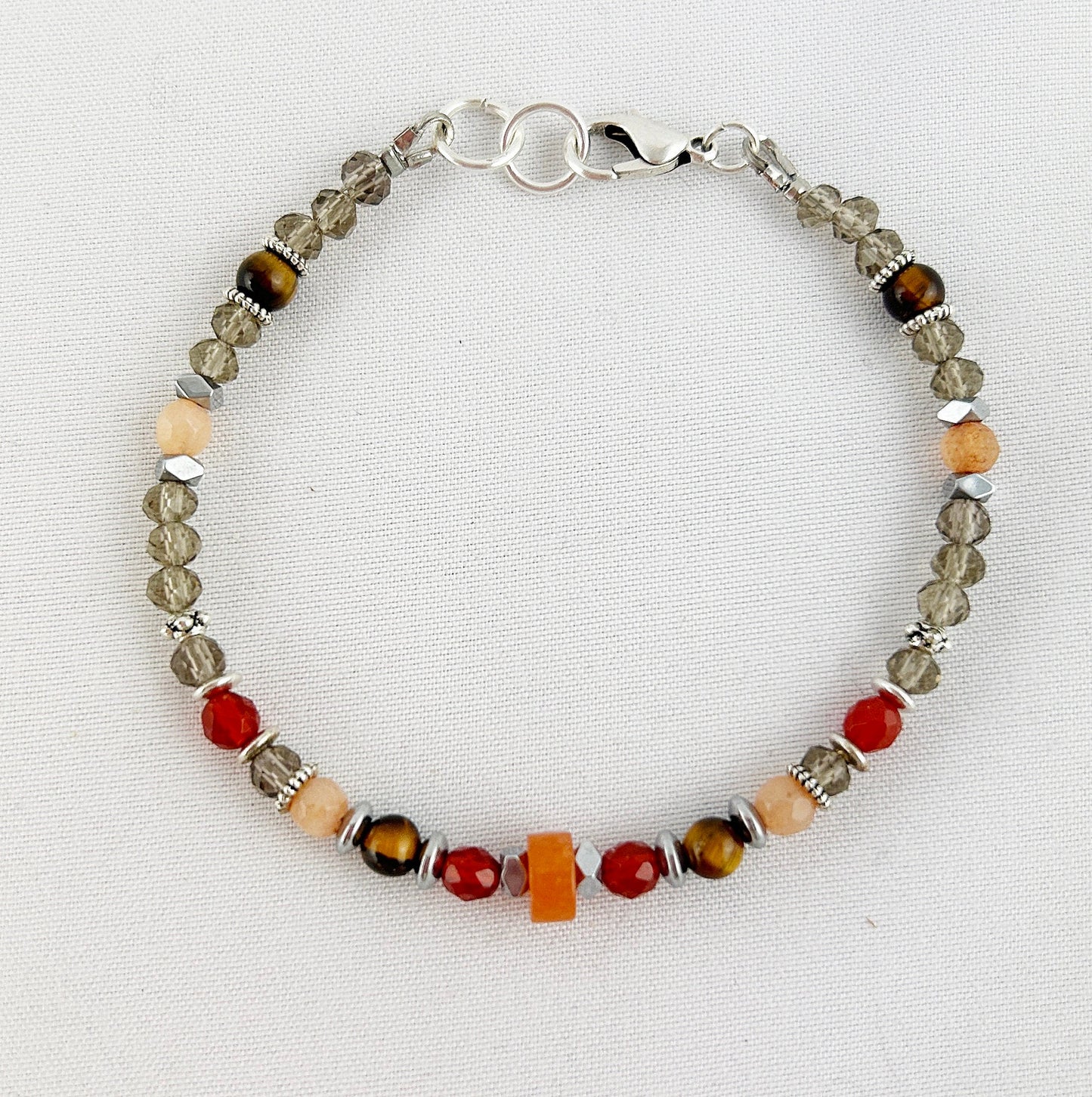 Delicate Silver Beaded Bracelet | Boho Style | Brown & Orange Gemstone Jewelry | Ibiza Inspired