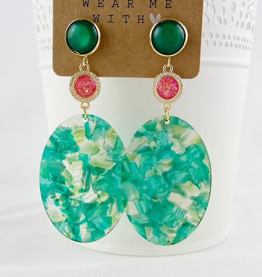 Emerald Green Boho Dangle Earrings | Gold-Plated Resin Jewelry | Handmade Ibiza Style