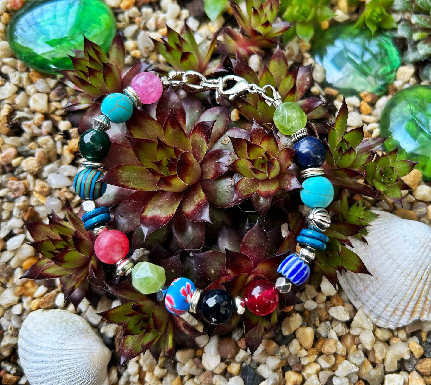 Colorful Gemstone Bracelet DIANA | Boho Style | Silver Multi-Stone Jewelry with Turquoise, Malachite, Peridot