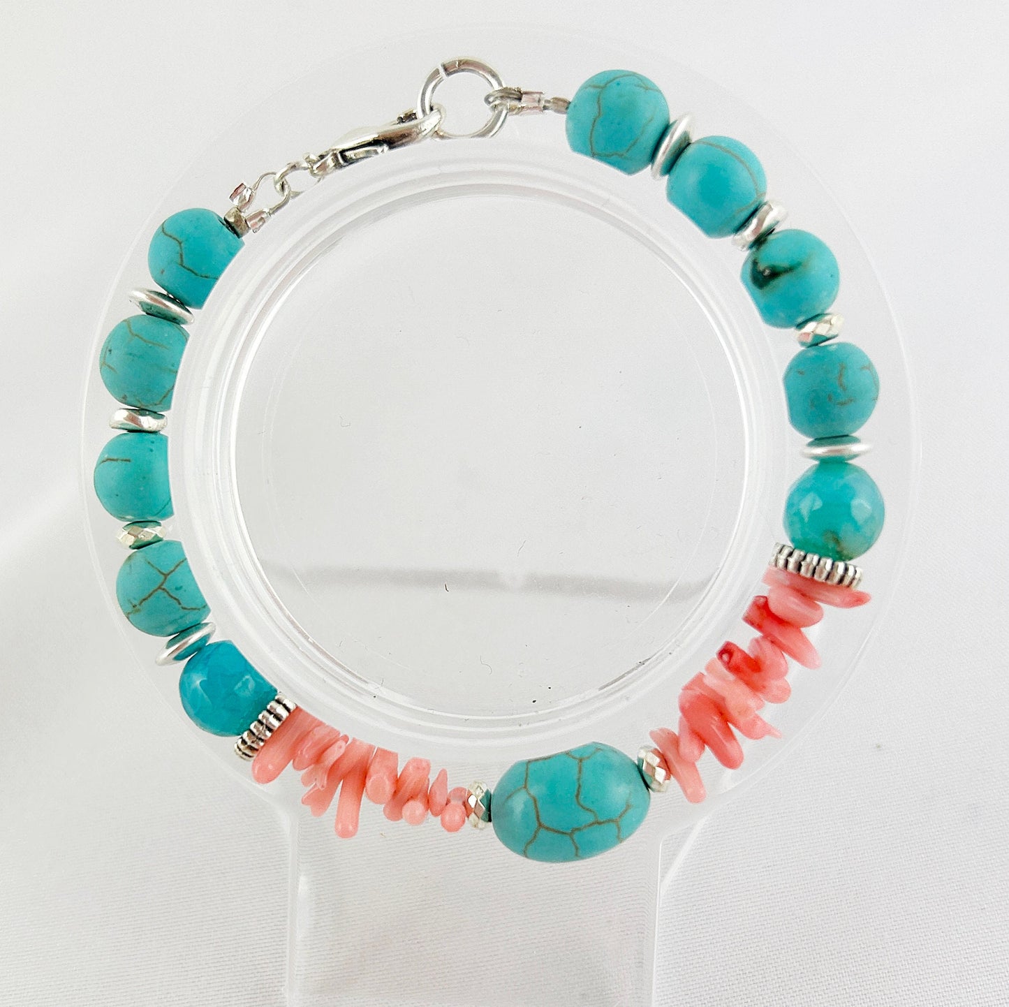 Turquoise and Coral Beaded Bracelet | Boho Style Silver Gemstone Jewelry | Ibiza-Inspired Coral Sea Collection