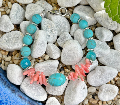 Turquoise and Coral Beaded Bracelet | Boho Style Silver Gemstone Jewelry | Ibiza-Inspired Coral Sea Collection