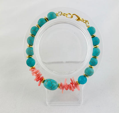 Coral Sea Turquoise Beaded Bracelet | Gold-Plated Boho Jewelry | Handmade Gemstone Accessory