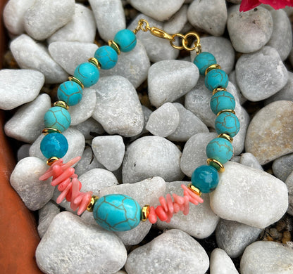 Coral Sea Turquoise Beaded Bracelet | Gold-Plated Boho Jewelry | Handmade Gemstone Accessory