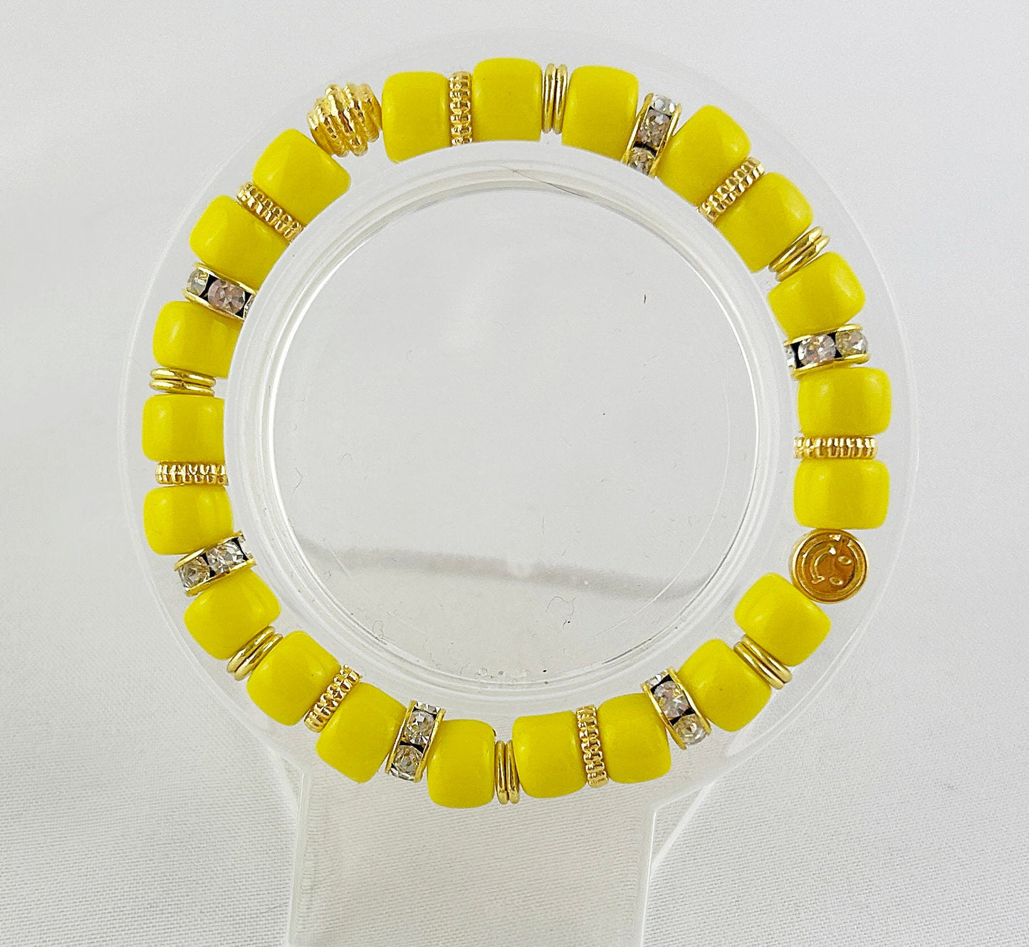 Sunny Yellow Smiley Beaded Bracelet | Boho Ibiza Style Gold-Plated Elastic Jewelry