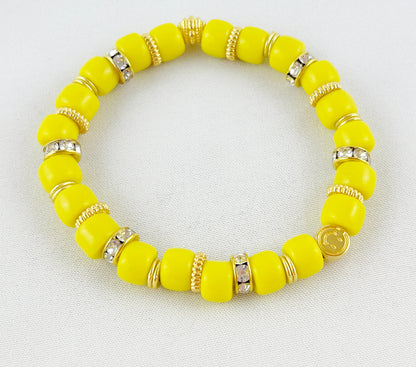 Sunny Yellow Smiley Beaded Bracelet | Boho Ibiza Style Gold-Plated Elastic Jewelry