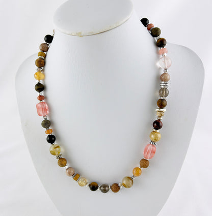 Gaja Silver Boho Gemstone Necklace | Tiger's Eye & Smoky Quartz | Ibiza-Style Jewelry