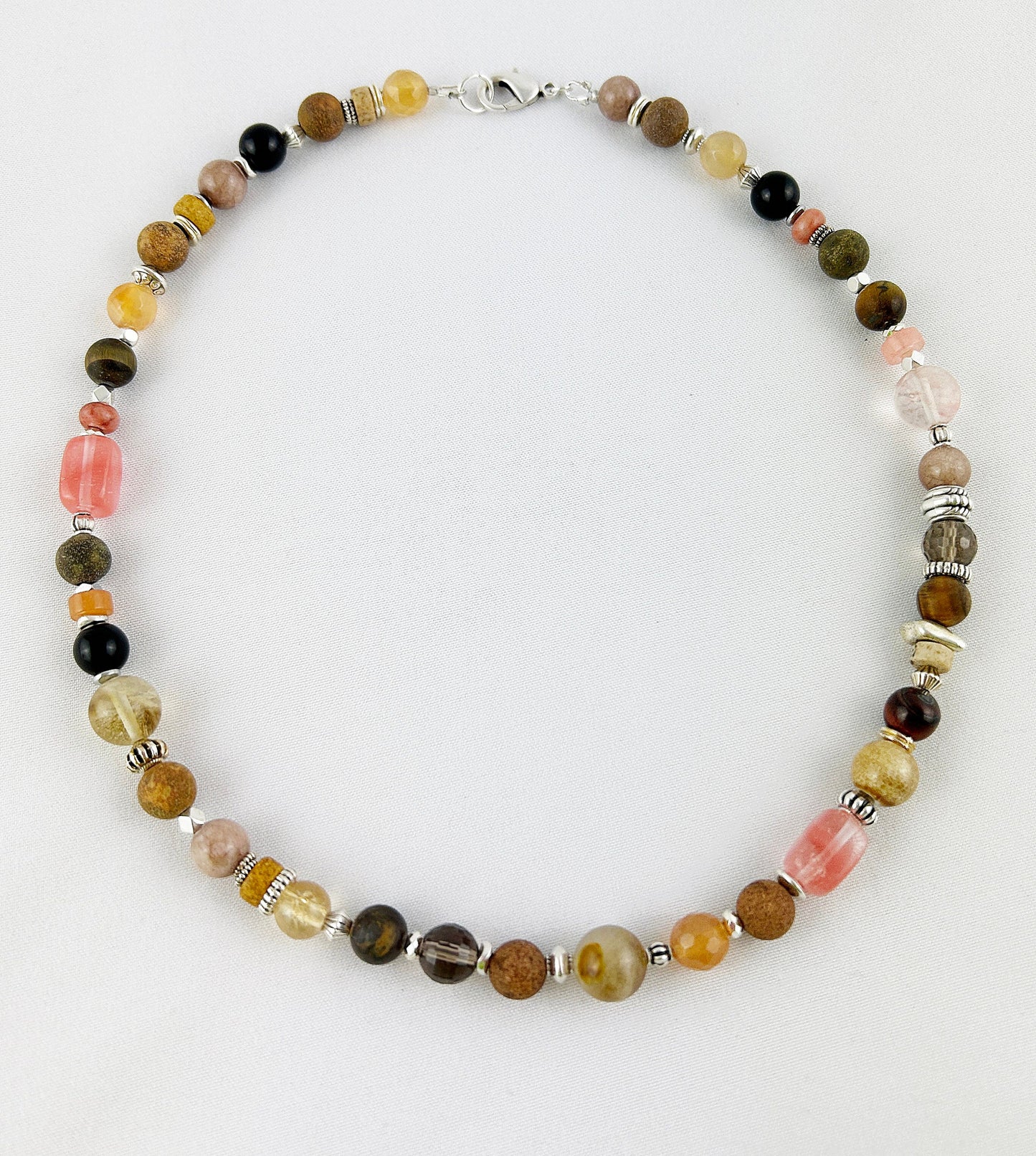 Gaja Silver Boho Gemstone Necklace | Tiger's Eye & Smoky Quartz | Ibiza-Style Jewelry