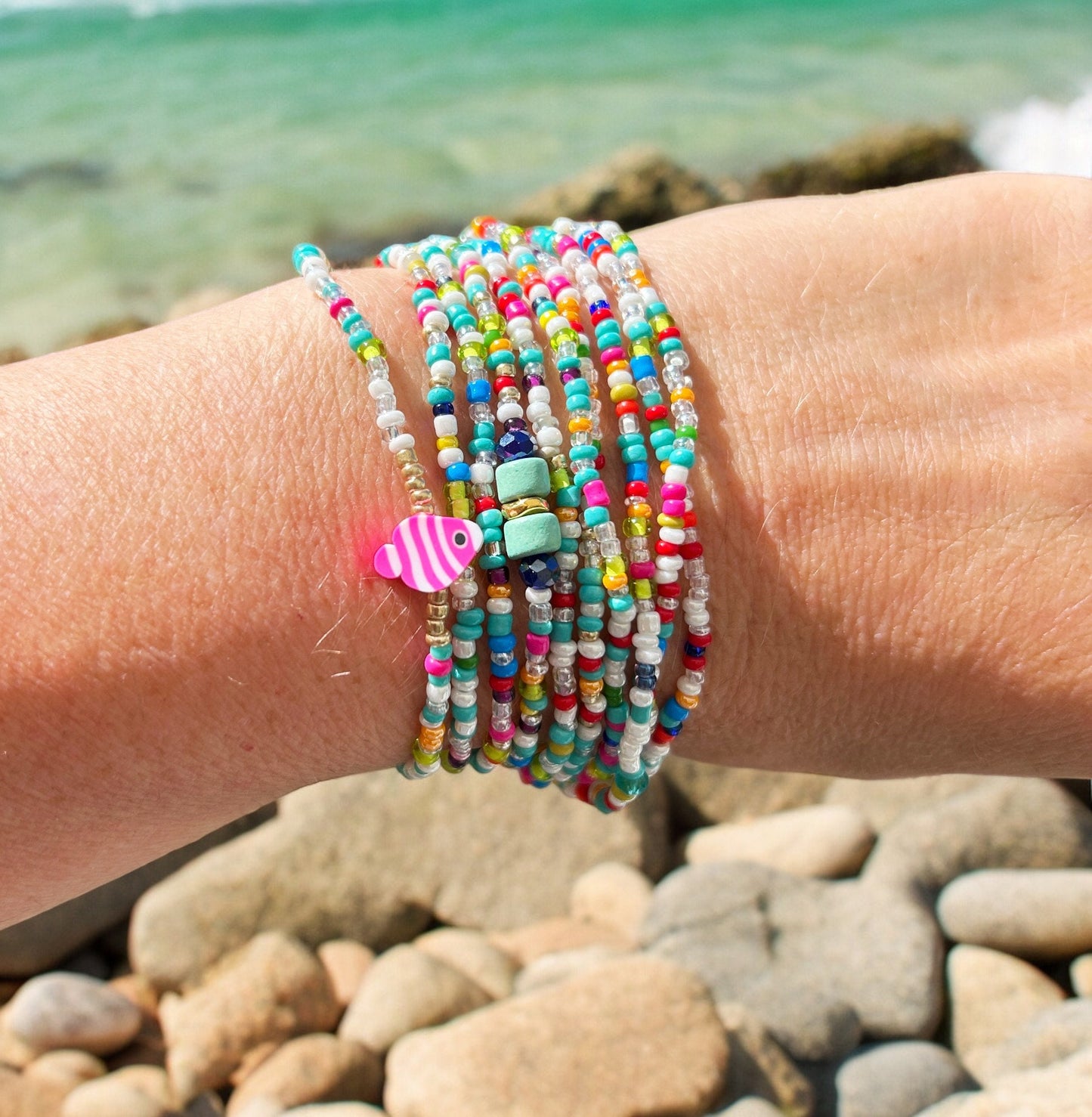 Colorful Boho Wrap Bracelet NEO FISH | Beaded Ibiza Style Jewelry for Women | Multi-Layered Glass Bead Anklet Necklace